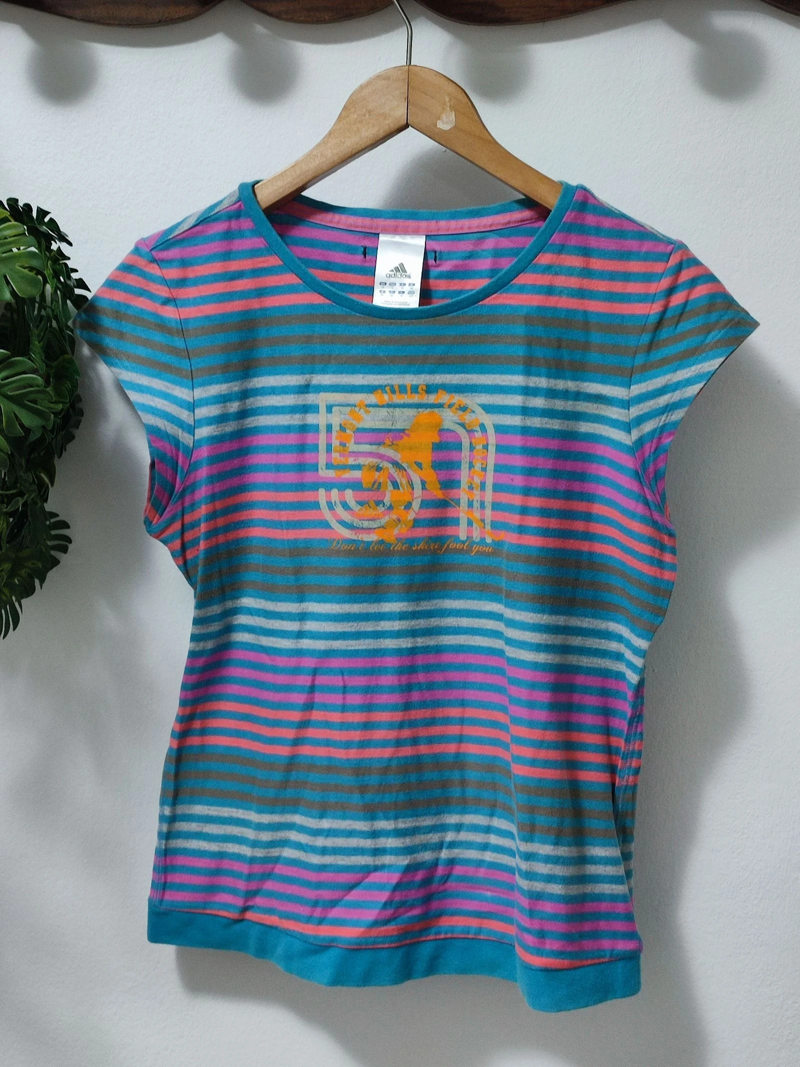 Camiseta Adidas Mujer Rayas Y2K Talla S Original Azul y Rosa